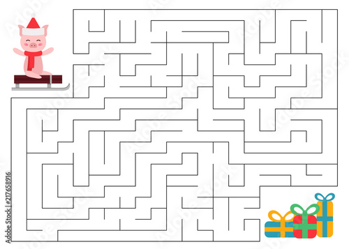 Maze game for children. Help the pig find way to the gifts. New year symbol. Vector illustration