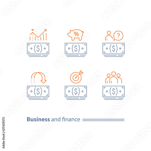 Cash loan, investment return, money bundle, refund, wages payment, finance analytics, pension savings account, corporate expenses