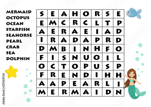 Educational game for kids. Word search game. Underwater theme. Learning vocabulary. Vector illustration