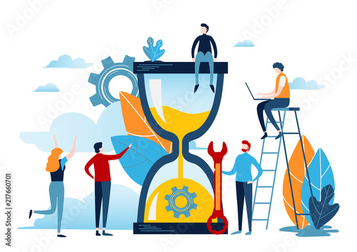 miniature people with big clock sand. Time management concept. Business illustration vector graphic design.
