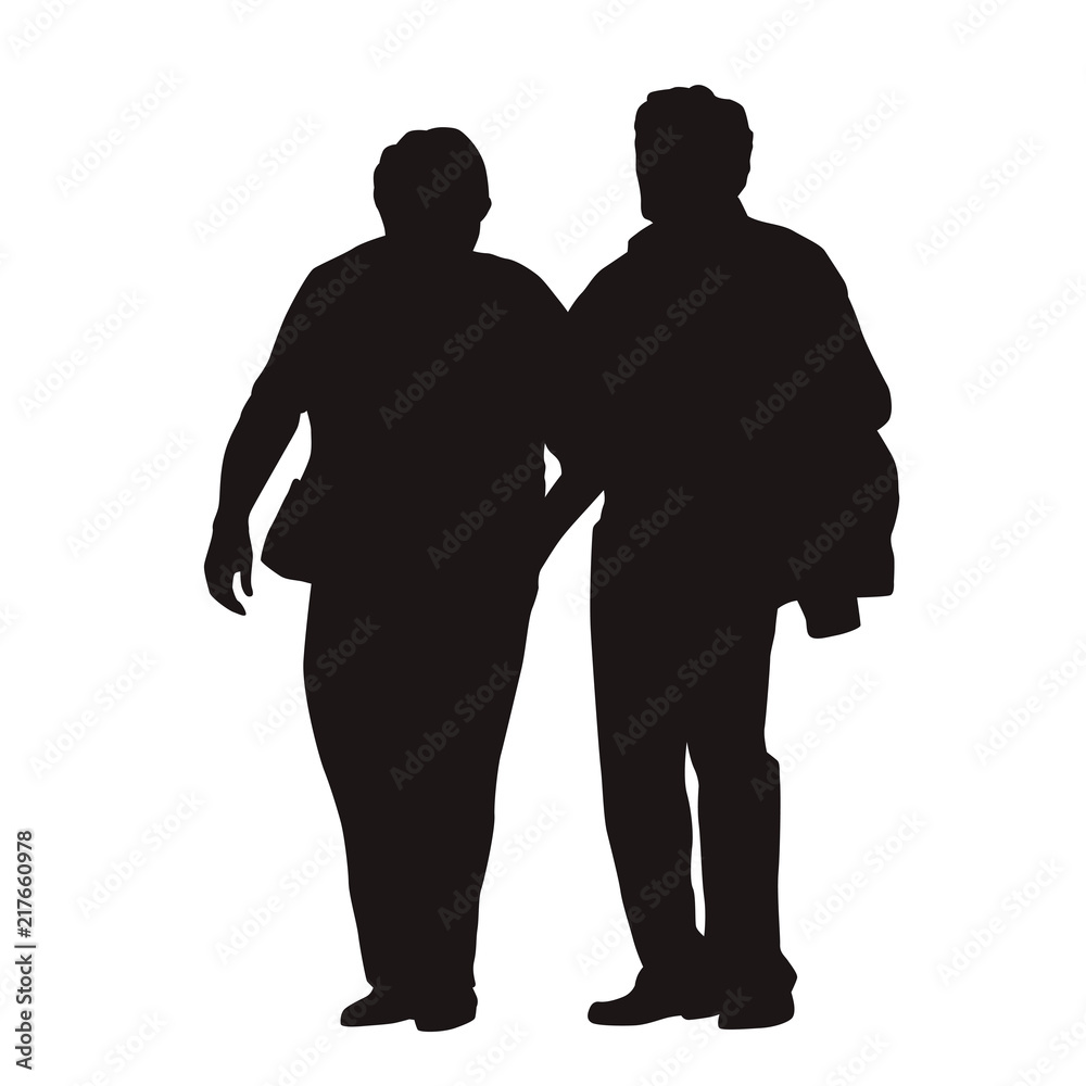 Senior couple walking together, isolated vector silhouette. Old people