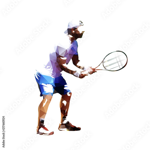 Tennis player isolated vector polygonal illustration, tennis receiving. Low poly geometric athlete. Active people