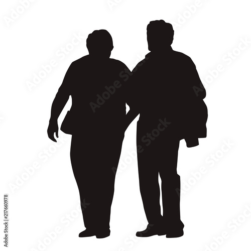 Senior couple walking together, isolated vector silhouette. Old people