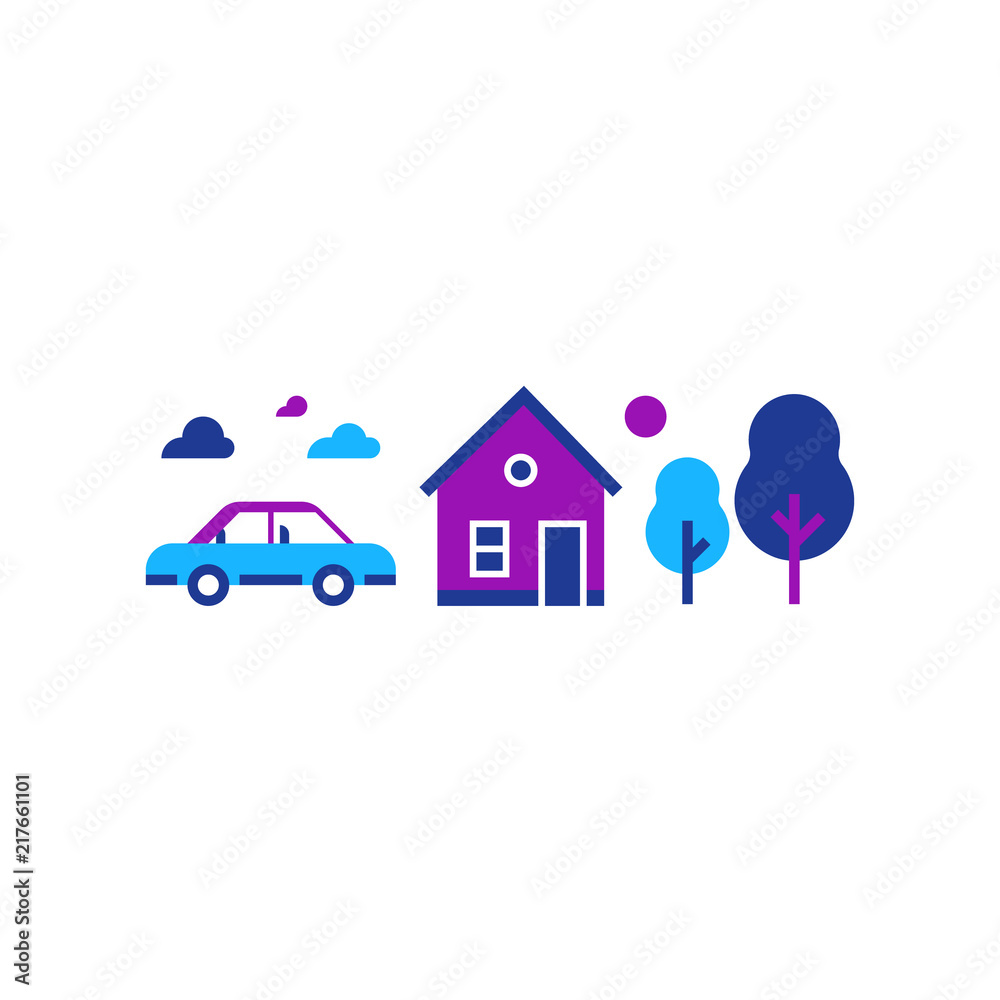 suburban home with car, summer house, country side, real estate, vector icon