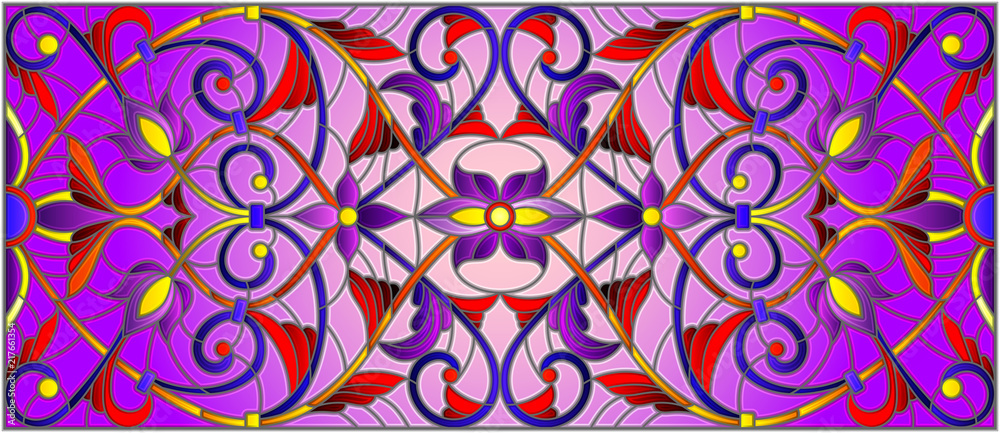 Illustration in stained glass style with abstract  swirls,flowers and leaves  on a purple background,horizontal orientation