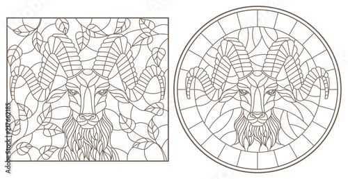 A set of contour illustrations of stained glass Windows with a RAM's head, round and rectangular image, dark contours on a white background