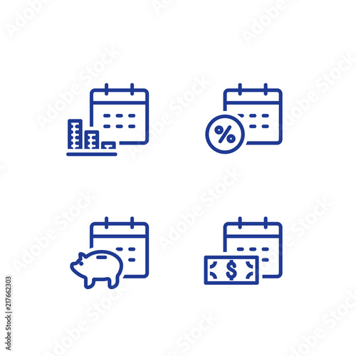 Monthly payment, financial calendar, annual income, piggy bank savings account, money return, asset allocation, long term investment pension fund and superannuation vector icon