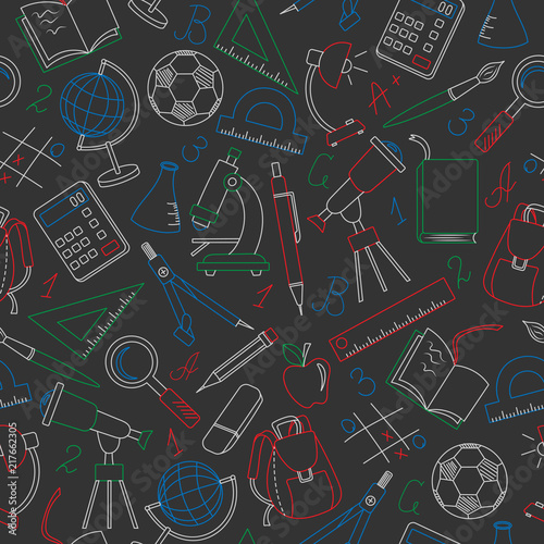 Seamless pattern on the theme of the school, a simple contour icons, colored chalks on the dark school Board