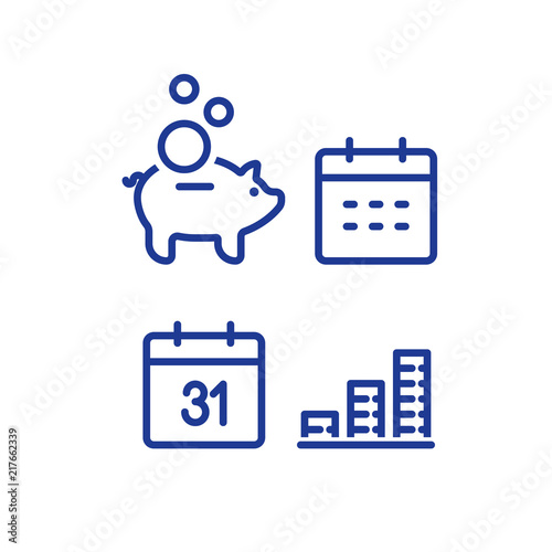 Monthly payment, financial calendar, annual income, piggy bank savings account, money return, asset allocation, long term investment pension fund and superannuation vector icon