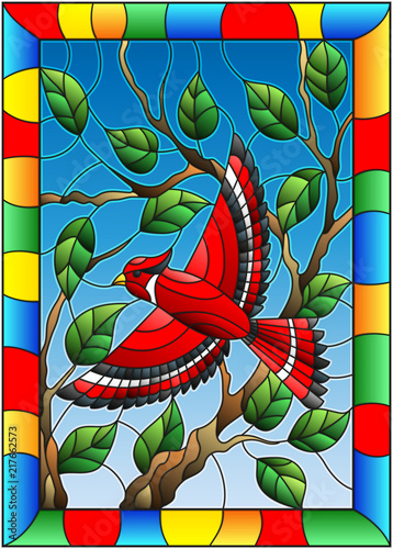 Illustration in the style of stained glass with a beautiful red bird  on a  background of branch of tree and sky in bright frame 