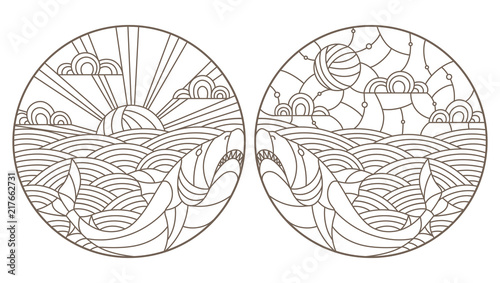 Set contour illustrations with sharks  on the waves and the sky , the dark outline on a white background