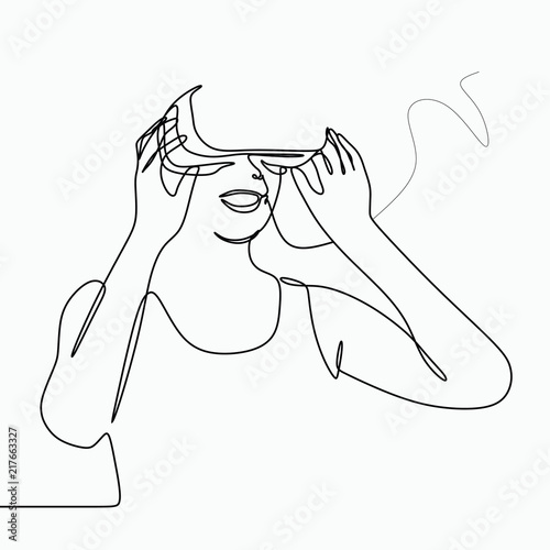 one line continuous drawing girl and girl in glasses device virtual reality