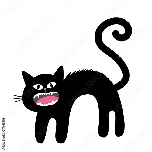 Frightened cat arch back. Screaming kitten. Hair fur stands on end. Eyes, fangs, moustaches whisker. Cute funny cartoon character. Happy Halloween. Isolated. White background. Isolated. Flat design.