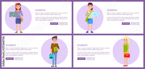 Students Set Web Posters Buttons Pupils Boys Girls
