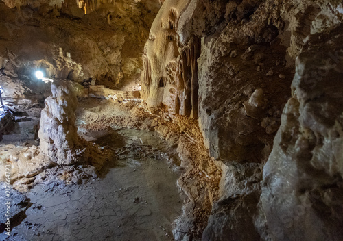 Cave stalactites, stalagmites, and other formations at Marble cave, Crimea