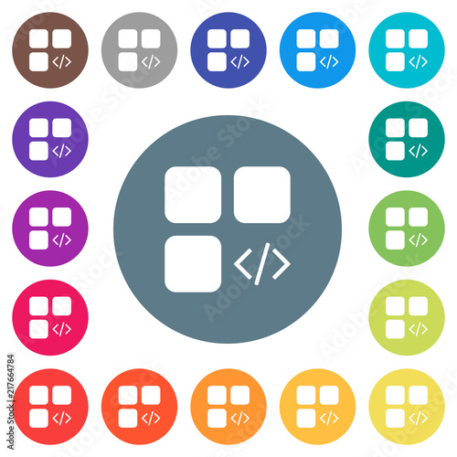 Component programming flat white icons on round color backgrounds