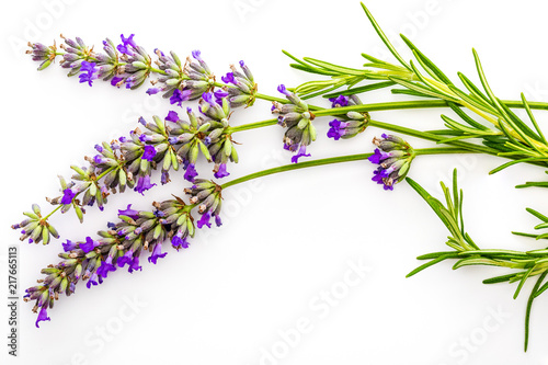 Bouquet of flowers and lavender seeds and green rosemary on white background  isolated.