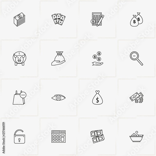 Ecommerce line icon set with thrift box, lock and calculator