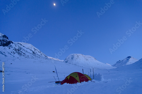 Tent camp at cold night in Jotunheimen mountains in Norway