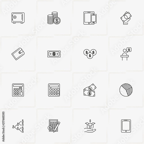 Economics line icon set with coins, man behind tribune  and money