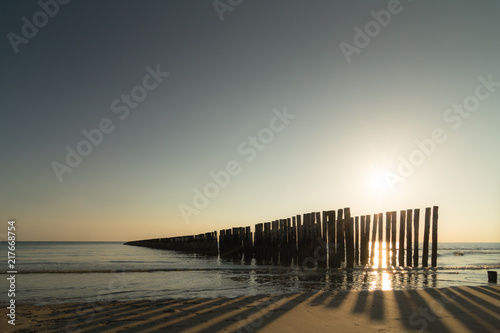 Am Meer  Buhne im Gegenlicht  Sonnenuntergang in Zeeland  Niederlande