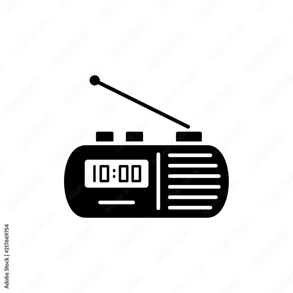 Vector illustration of modern radio clock with aerial & digital display. Flat icon of table rectangular alarm clock playing music as a ring. Isolated on white background. Vector illustration of modern radio clock with aerial & digital display. Flat icon of table rectangular alarm clock playing music as a ring. Isolated on white background.