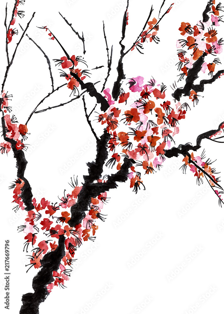 Fototapeta premium A branch of a blossoming tree. Pink flowers of sakura . Watercolor and ink illustration in style sumi-e, u-sin. Oriental traditional painting. Isolated on white background.