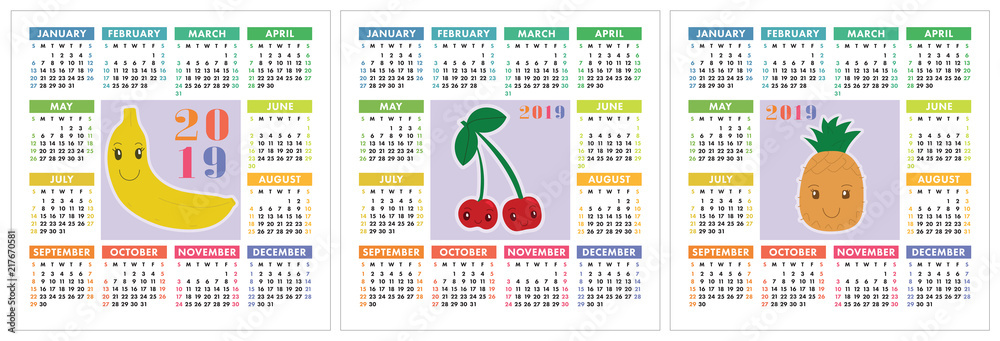 Calendar 2019 year. Colorful English set. Smiling fruits, berries. Banana, cherry and pineapple. Hand drawn design. Doodle sketch. Week starts on Sunday. Vector template collection. Square calender