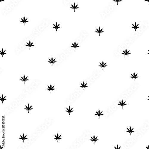 Repeating Highlighted Marijuana Leaf of Cannabis Indica Plant with Seven Blades Seamless Pattern Wallpaper - Black Elements on White Background - Vector Flat Graphic Design © Metanet