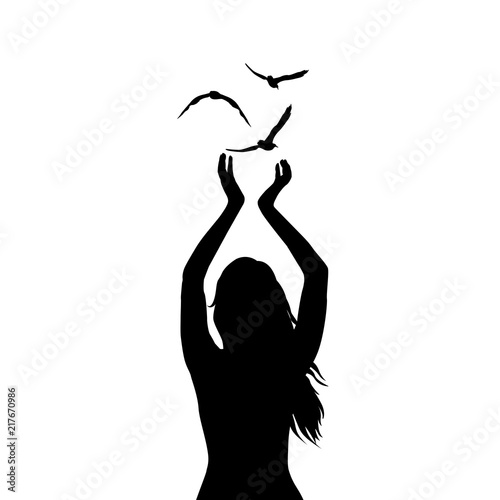 Abstract illustration of a woman silhouette with birds flying from her hands