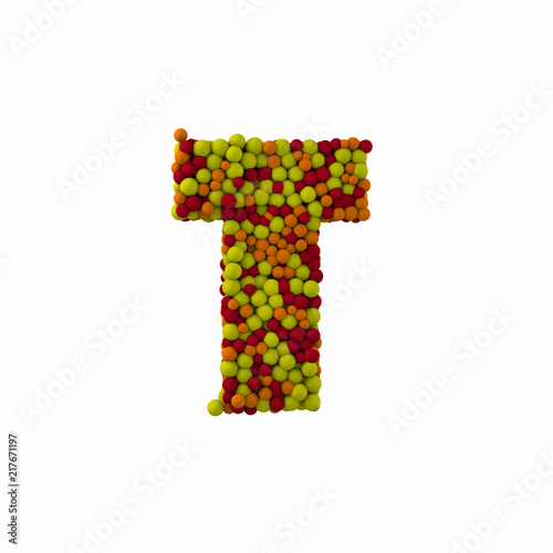 Letter T made of brown woolen balls, isolated on white, 3d rendering