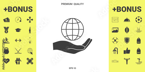 Hand holding Earth. Protect icon