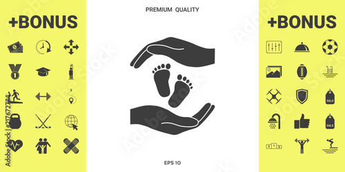 Hands holding baby foot, protection symbol
