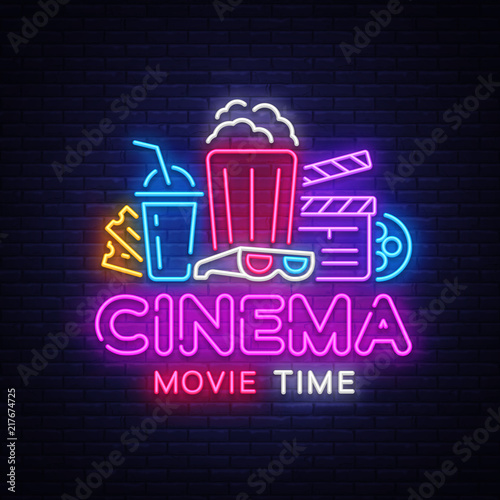 Movie Time Neon Logo Vector. Cinema Night neon sign, design template, modern trend design, night neon signboard, night light advertising, light banner, light art. Vector illustration