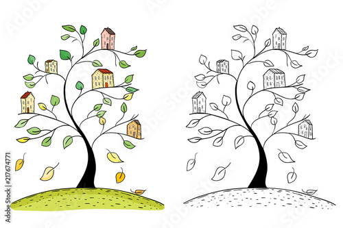 Illustration of doodle houses on tree branches