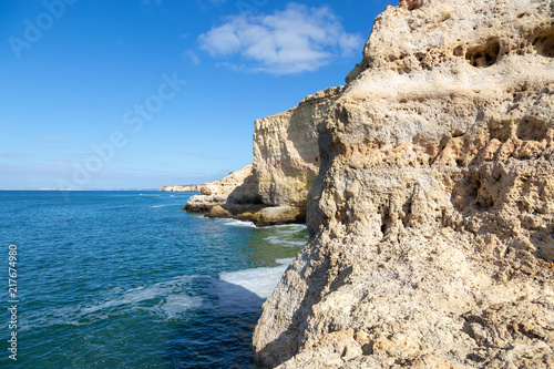 View of sandstone cliffs near Carvoeiro in Portugal