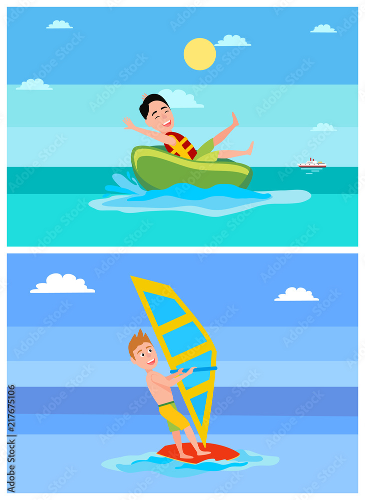 Obraz premium Windsurfing Collection Summer Vector Illustration