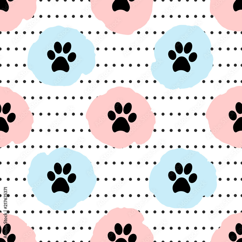 Fototapeta premium Seamless patterns with black animal footprints, circles, pink and blue spots.