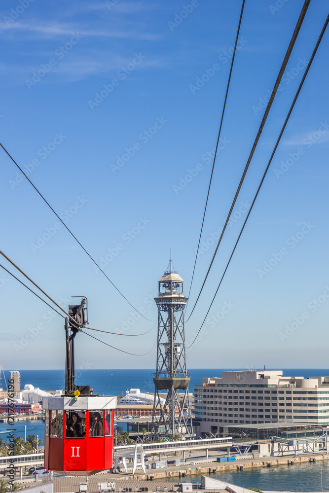 Cable car from Montjuic to the harbor in Barcelona, Spain