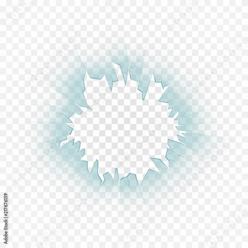 Broken glass, cracks on glass. Realistic bullet hole in glass with shards on transparent background