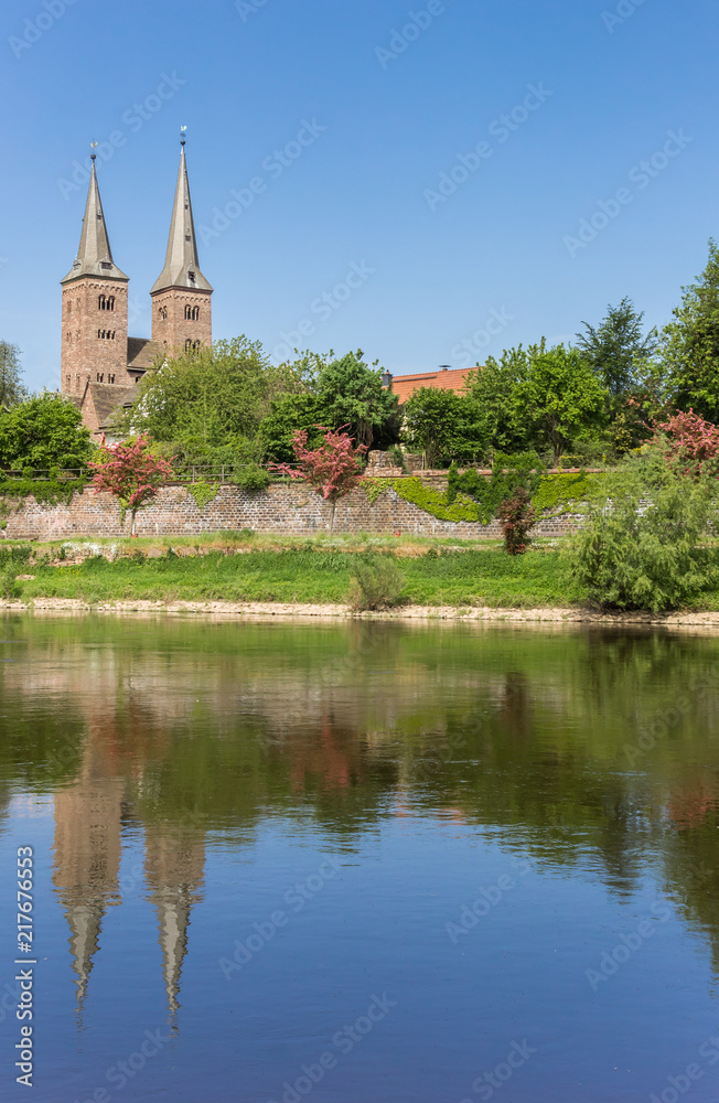 Kiliani church at the riverbank in Hoxter, Germany