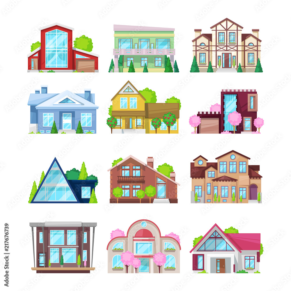 Set of colorful country houses, family cottages, mansion recreation, hotels.