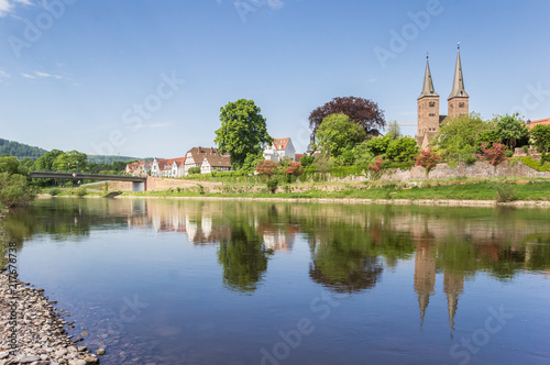 Weser river and the skyline of Hoxter, Germany