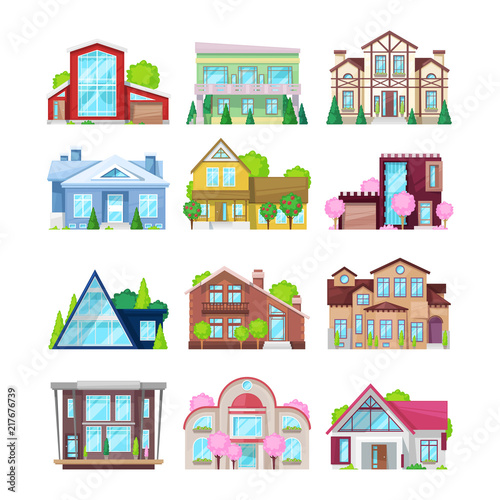 Set of colorful country houses, family cottages, mansion recreation, hotels. photo