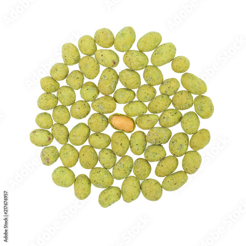 top view of wasabi crispy peanut snack balls isolated on white background. photo