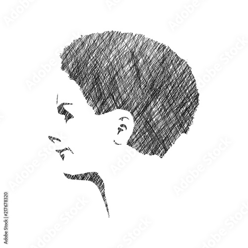 Fototapeta Naklejka Na Ścianę i Meble -  Face profile view. Elegant silhouette of a female head. Short hair. Beautiful smiling woman. Ink sketch effect