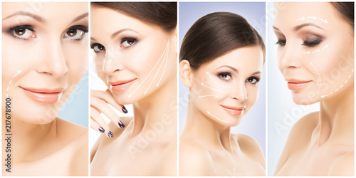 Collage of female portraits. Healthy faces of young women. Spa  face lifting  plastic surgery concept.