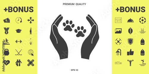Shelter pets sign icon. Hands holds paw symbol. Animal protection