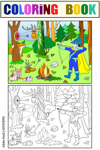 Children color, white and black arrow in the forest with animals