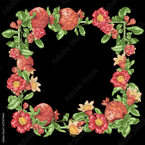 Decorative border vector frame wreath with pomegranate fruits and flowers